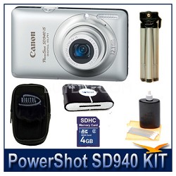 Canon PowerShot SD940 Silver Kit w/ 4GB Memory, Reader, Case, Tripod & More
