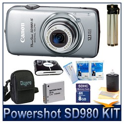 Canon Powershot SD980 Silver Kit w/ 8GB Memory, Reader, Case, Battery, Tripod & More