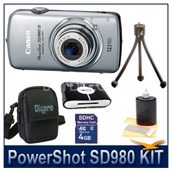 Canon Powershot SD980 Silver Kit w/ 4GB Memory, Reader, Case, Tripod & More