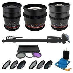 Rokinon 3 T1.5 Lens Bundle 24mm, 35mm, and 85mm with Bonus Filters for Nikon F SLRs