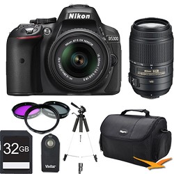 Nikon D5300 DX-Format Digital SLR Kit (Black) w 18-55mm & 55-300mm VR Lens 32GB Bundle