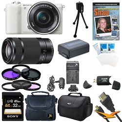 Sony a5100 Mirrorless Camera w/ 16-50mm and SEL 55-210 Lenses 32GB White Bundle