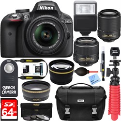 Nikon D3300 DSLR Camera w\/ AF-P DX 18-55mm & 55-200mm VR Lens 64GB Accessory Bundle
