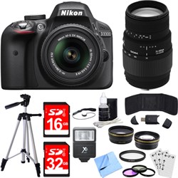 Nikon D3300 DSLR 24.2 MP HD 1080p Camera w\/ 18-55mm + 70-300mm Lens Black Bundle