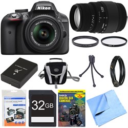 Nikon D3300 DSLR 24.2 MP HD 1080p Camera Black w\/ 18-55mm + 70-300mm Lens Bundle