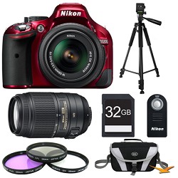 Nikon D5200 Red 32 GB SLR Camera with 18-55mm & 55-300mm VR Lens and Filters Bundle