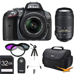 Nikon D5300 DX-Format Digital SLR Kit (Grey) w 18-55mm & 55-300mm VR Lens 32GB Bundle