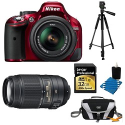 Nikon D5200 DX-Format Red 32 GB SLR Camera with 18-55mm and 55-300mm VR Lens Bundle