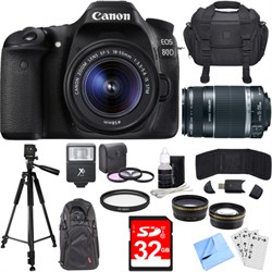 Canon EOS 80D CMOS DSLR Camera w\/ EF-S 18-55mm + 55-250mm Telephoto Lens 24GB Bundle
