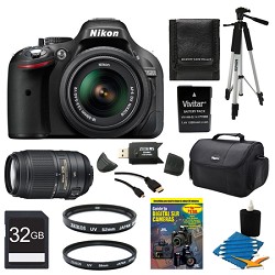 Nikon D5200 DX-Format Black Digital 32GB SLR Camera 18-55mm And 55-300VR Lens Bundle