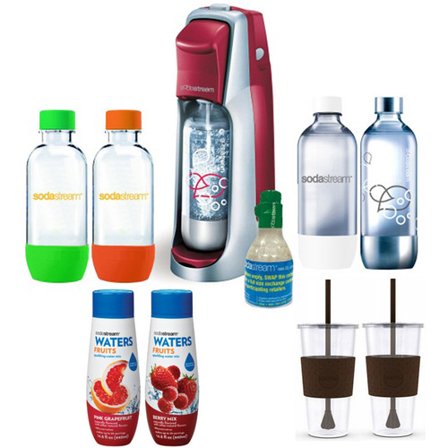 SodaStream Fountain Jet Soda Maker in Red with Exclusive Kit 4 Bottles & Mini CO2