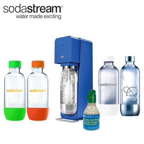 SodaStream Source Soda Maker (Metal) in Blue with Exclusive Kit w/ 4 Bottles & Starter CO2