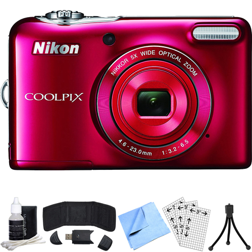 Nikon COOLPIX L32 20.1MP 720P HD w/ 5X Zoom Digital Camera (Red) Refurbished Bundle