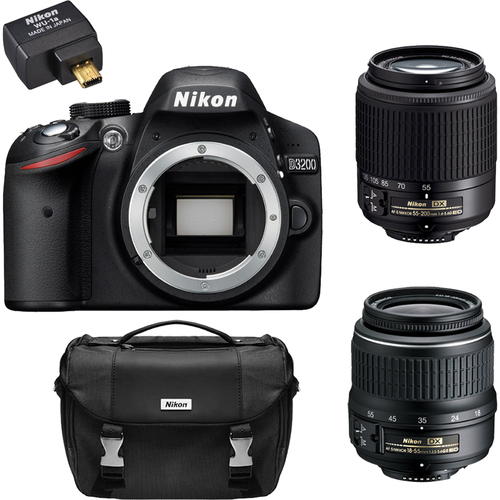 Nikon D3200 24.2MP DX DSLR Black 2 Lens Ultimate Wireless Bundle Certified Refurbished
