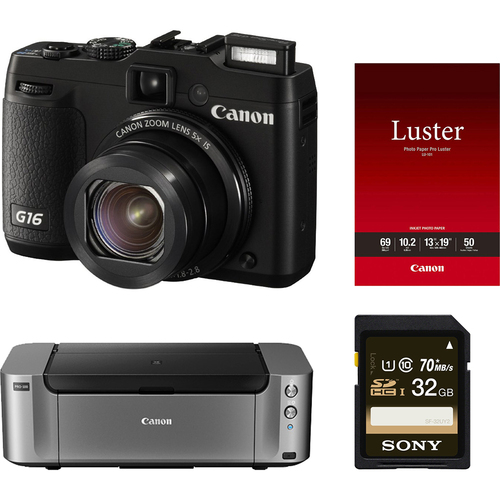 Canon PowerShot G16 Digital Camera + Pro 100 Printer / 50-Pack Paper & 32GB Card