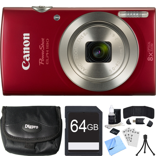 Canon PowerShot ELPH 180 20MP 8x Optical Zoom HD Red Digital Camera 64GB Card Bundle