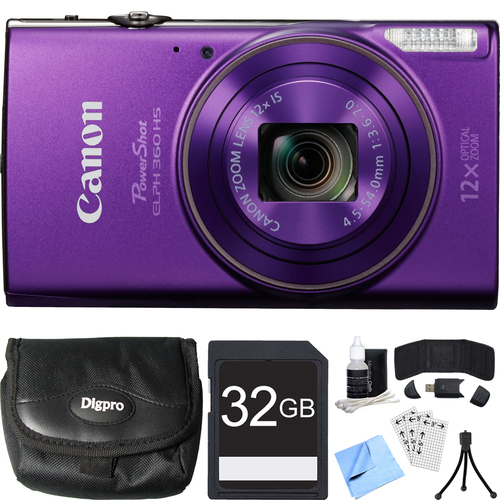 Canon PowerShot ELPH 360 HS Purple Digital Camera + 12x Optical Zoom 32GB Card Bundle