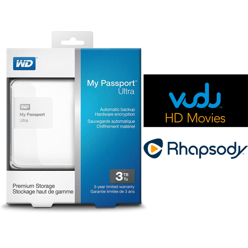 Western Digital My Passport Ultra 3 TB Portable External HD White + $30 Vudu & 3 Months Rhapsody