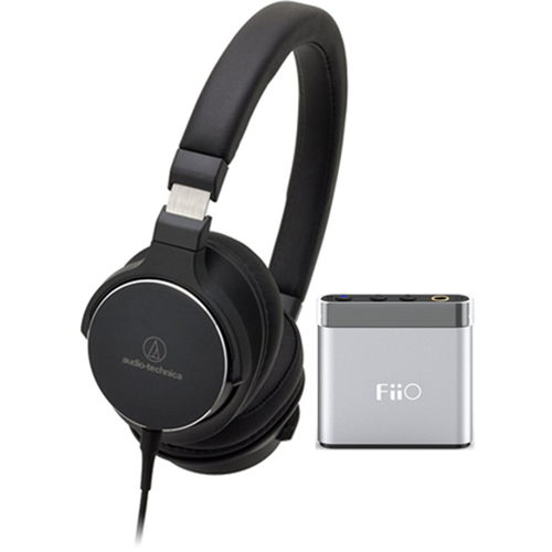 Audio-Technica SR5 On-Ear High-Resolution Headphones w/ FiiO A1 Headphone Amplifier, Black