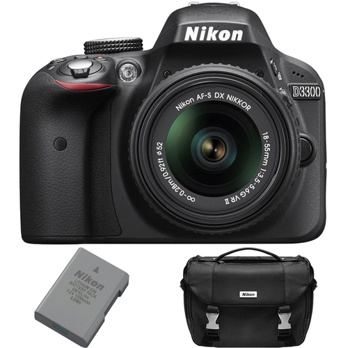 Nikon D3300 DSLR 24.2 MP HD 1080p Camera Bundle w/ 18-55mm Lens + Extra Battery + Case