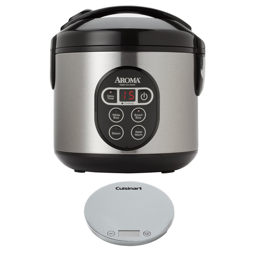 Aroma 8-Cup (Cooked) Digital Rice Cooker and Food Steamer w/ Digital Kitchen Scale