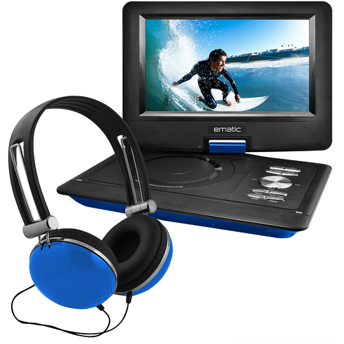 Ematic 10` Portable Swivel Screen DVD Player w/ Headphones, Car Mount - Blue
