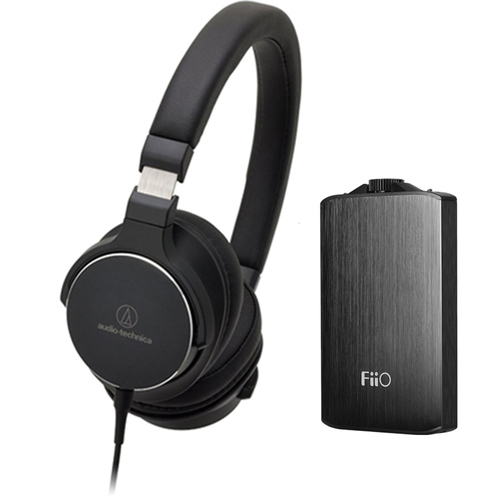 Audio-Technica SR5 On-Ear High-Resolution Headphones w/ FiiO A3 Headphone Amplifier, Black