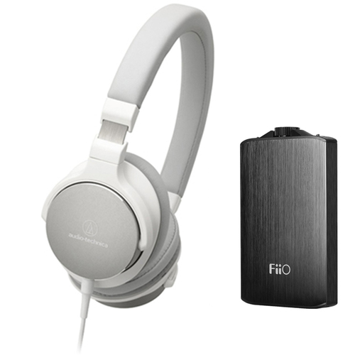 Audio-Technica SR5 On-Ear High-Resolution Headphones w/ FiiO A3 Headphone Amplifier, White