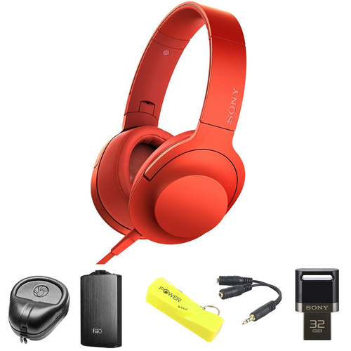 Sony Premium Hi-Res On-Ear Stereo Headphone Red - MDR100AAP/R w/ FiiO A3 Amp. Bundle