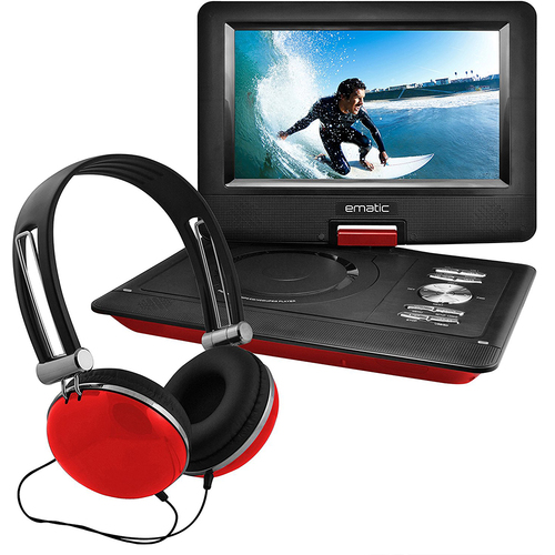 Ematic 10` Portable Swivel Screen DVD Player w/ Headphones, Car Mount - Red - OPEN BOX
