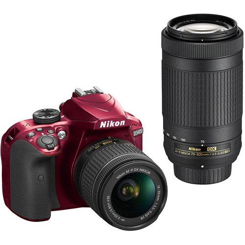 Nikon D3400 24.2MP DSLR Camera w/ AF-P 18-55 VR & 70-300mm Dual Lens (Red) Refurbished