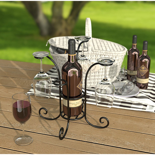 Panacea Black Steel Wine Bottle and Glasses Caddy - 87939