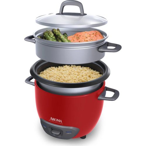 Aroma ARC-743-1NGR Pot Style 6-Cup Cooked Rice Cooker and Food Steamer- Red