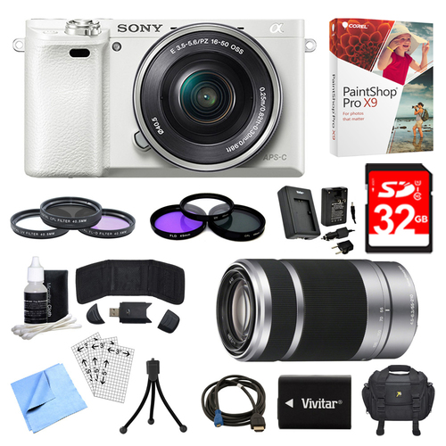 Sony Alpha a6000 White Camera with 16-50mm, 55-210mm Lenses and Accessories Bundle
