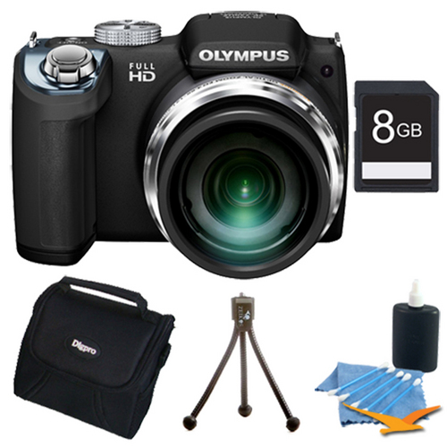 Olympus SP-720UZ 14MP 26x Opt Zoom 3-Inch LCD Digital Camera (Black) Plus 8GB Memory Kit