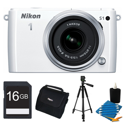 Nikon 1 S1 10.1MP White Digital Camera with 11-27.5mm Lens 16GB Bundle