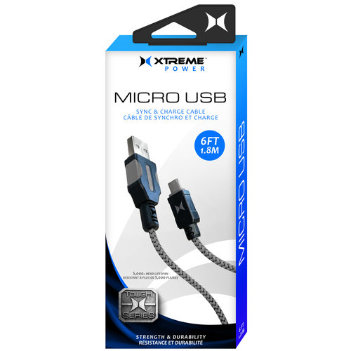 6FT Braided Micro USB Sync & Charge Cable (Black & Gray) XAS8-1013-BLY