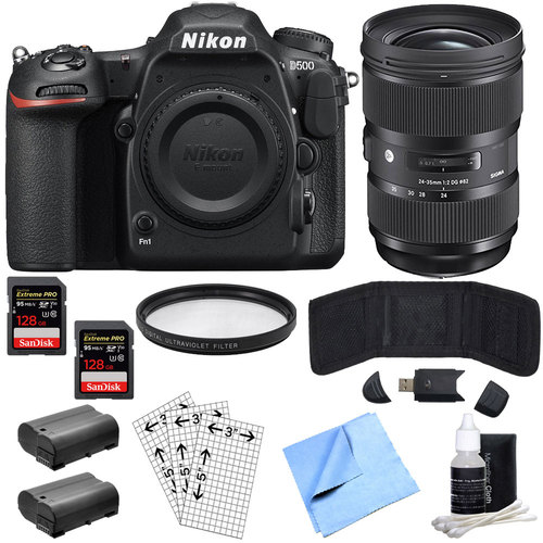 Nikon D500 20.9MP DX DSLR Camera w/4K Video (Body) & Sigma 24-35mm Lens Power Bundle
