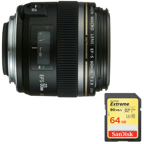 Canon EF-S 60mm f/2.8 Macro USM Lens for Canon SLR Cameras w/ 64GB Memory Card