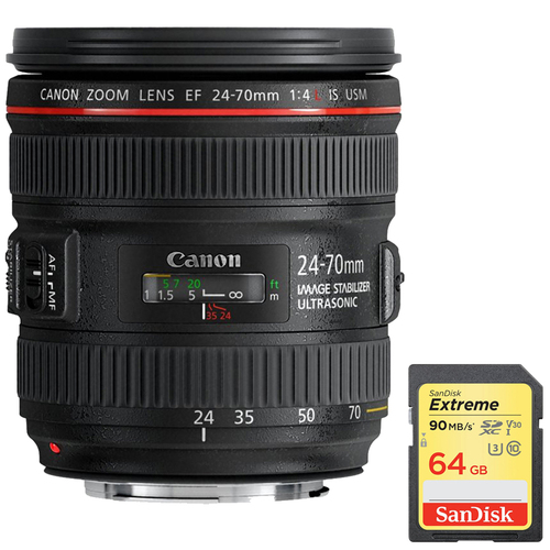 Canon EF 24-70mm F/4L IS USM Standard Zoom Lens w/ 64GB Memory Card