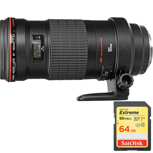 Canon 180mm f/3.5L Macro USM Lens with Sandisk 64GB Memory Card