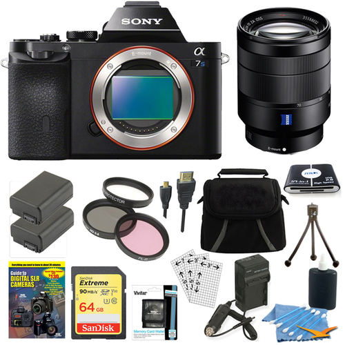 Sony ILCE-7S/B a7S Full Frame Camera, 24-70mm Lens, 64GB SDXC Card, 2 Battery Bundle