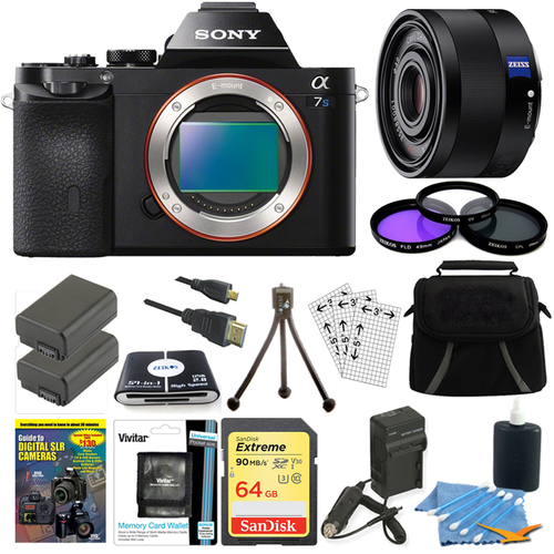 Sony ILCE-7S/B a7S Full Frame Camera, 35mm Lens, 64GB SDXC Card, 2 Batteries Bundle