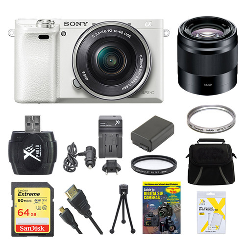 Sony Alpha a6000 White Camera with 16-50mm and 50mm Lenses 64GB Bundle