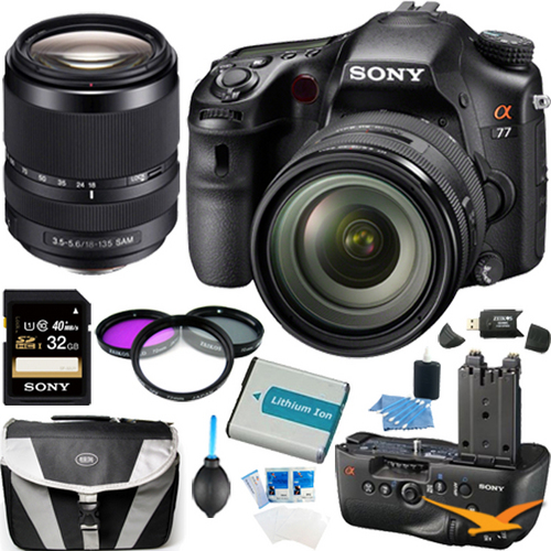 Sony a77 DSLR 24.3MP w/ 16-50mm and 18-135mm Lens and Vertical Grip Accessory Bundle
