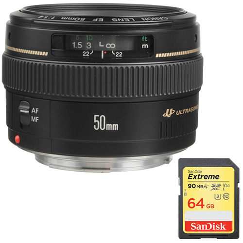 Canon EF 50mm f/1.4 USM Standard Lens f/ Canon SLR Camera w/ 64GB Memory Card