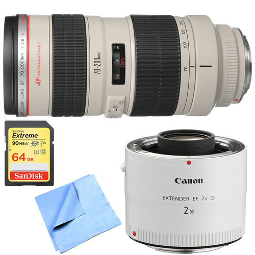 Canon EF 70-200mm F/2.8L USM Lens w/ Telephoto Extender + 64GB Memory Card Bundle