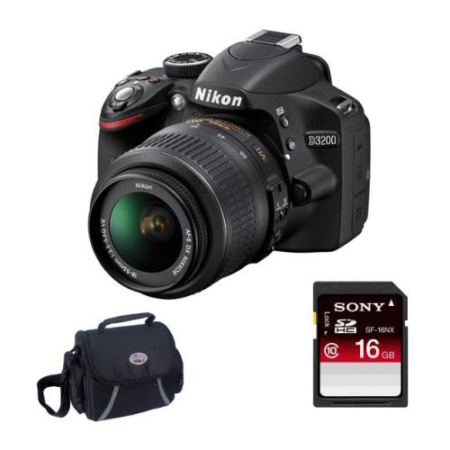 Nikon D3200 DX-format Digital SLR Kit w/ 18-55mm DX VR Zoom Lens (Black)16GB Deluxe