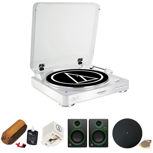 Audio-Technica Fully Automatic Wireless Belt-Drive Stereo Turntable - White w/ Monitors Bundle