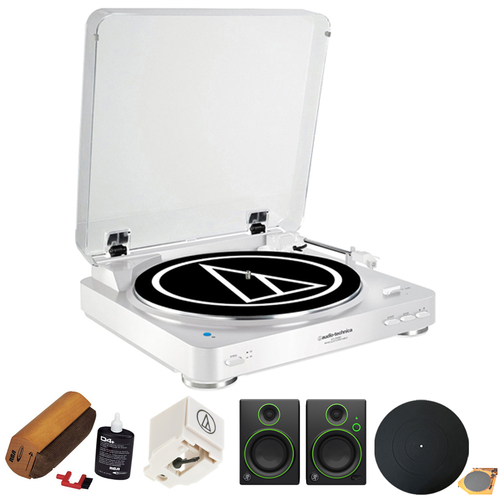 Audio-Technica Fully Automatic Wireless Belt-Drive Stereo Turntable-White w/ Studio Monitor Kit